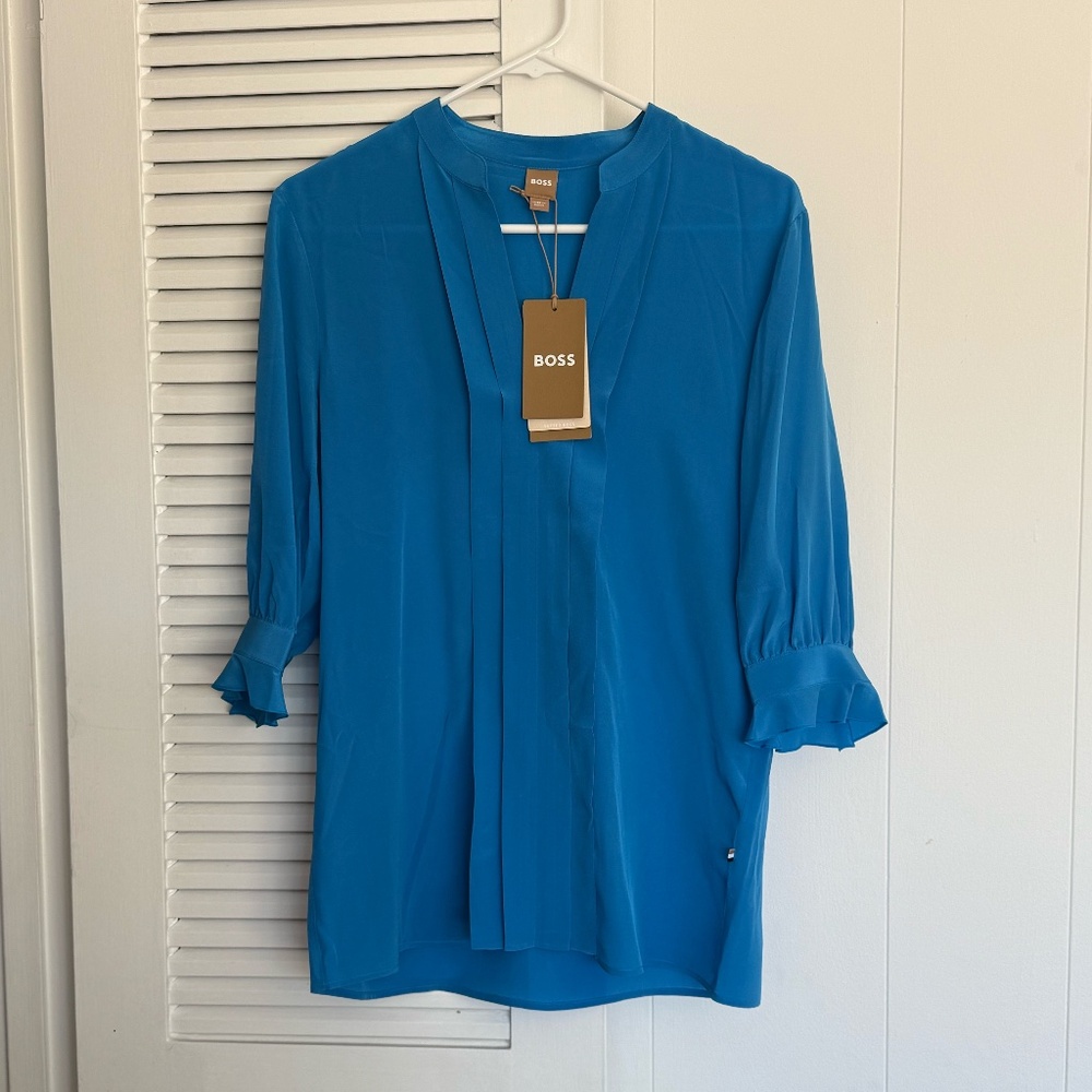 NWT Boss Birula Pleat 100% Silk Blouse Shirt, Size 2, Blue, $348